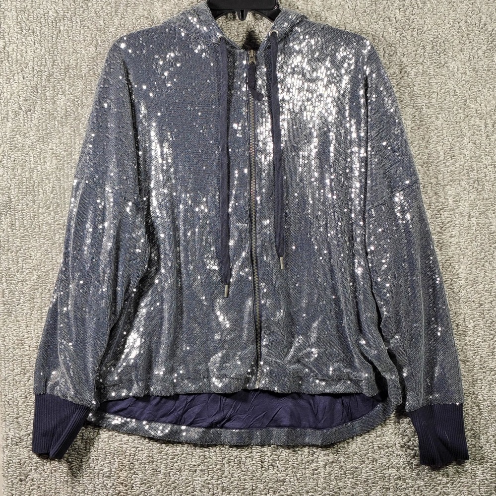 Postmark Anthropologie Sequin Zip Up Hoodie Navy Blue Glam Women Large